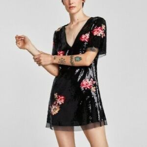 Zara black and pink floral sequin dress XS